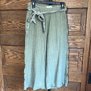 Anthropologie Green Black Striped textured High Rise Crop Linen Pants S